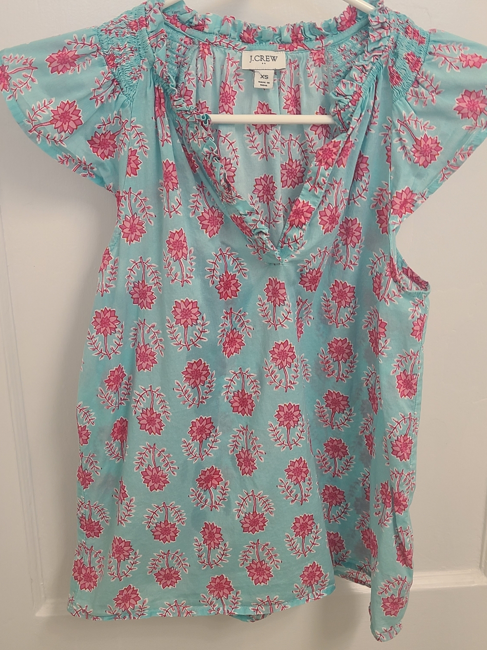 J.Crew Aqua and Pink Floral Ruffle-Neck Cap Sleeve Top